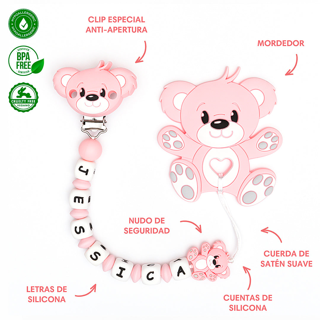 Chupetero Exclusivo 100% Silicona Oso Rosa + Mordedor Silicona
