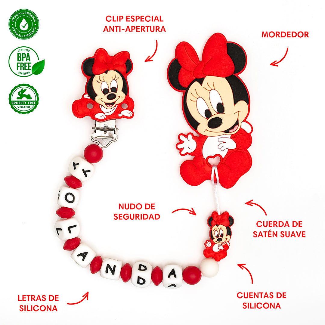 Chupetero Exclusivo 100% Silicona Minnie Mouse Roja + Mordedor Silicona