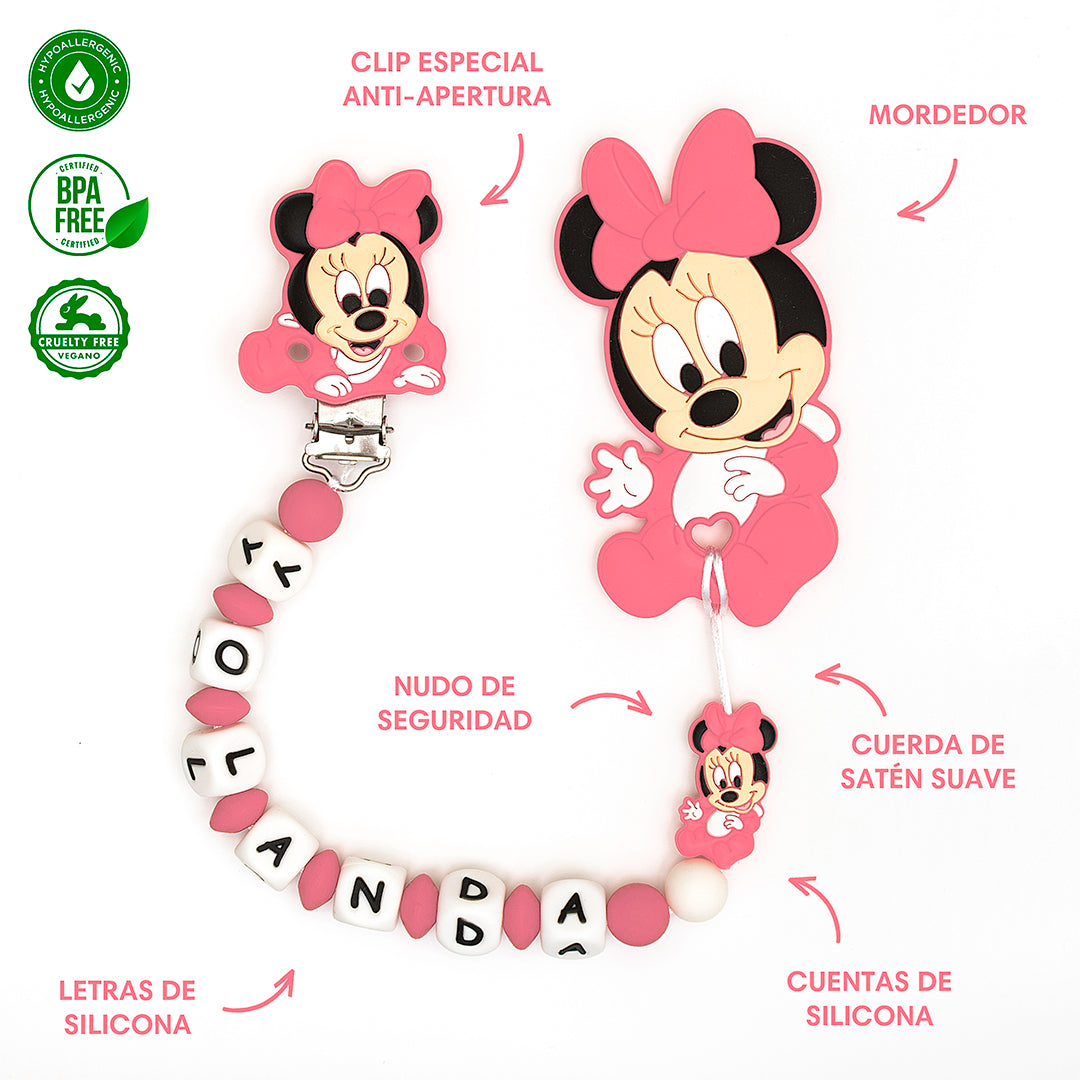 Chupetero Exclusivo 100% Silicona Minnie Mouse Rosa + Mordedor Silicona
