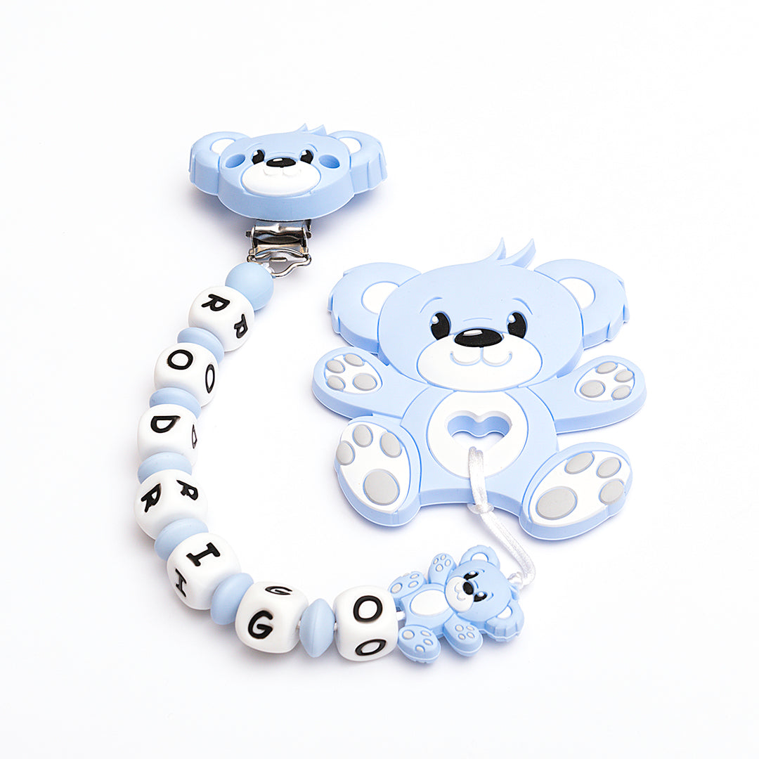 Chupetero Exclusivo 100% Silicona Oso Azul + Mordedor Silicona