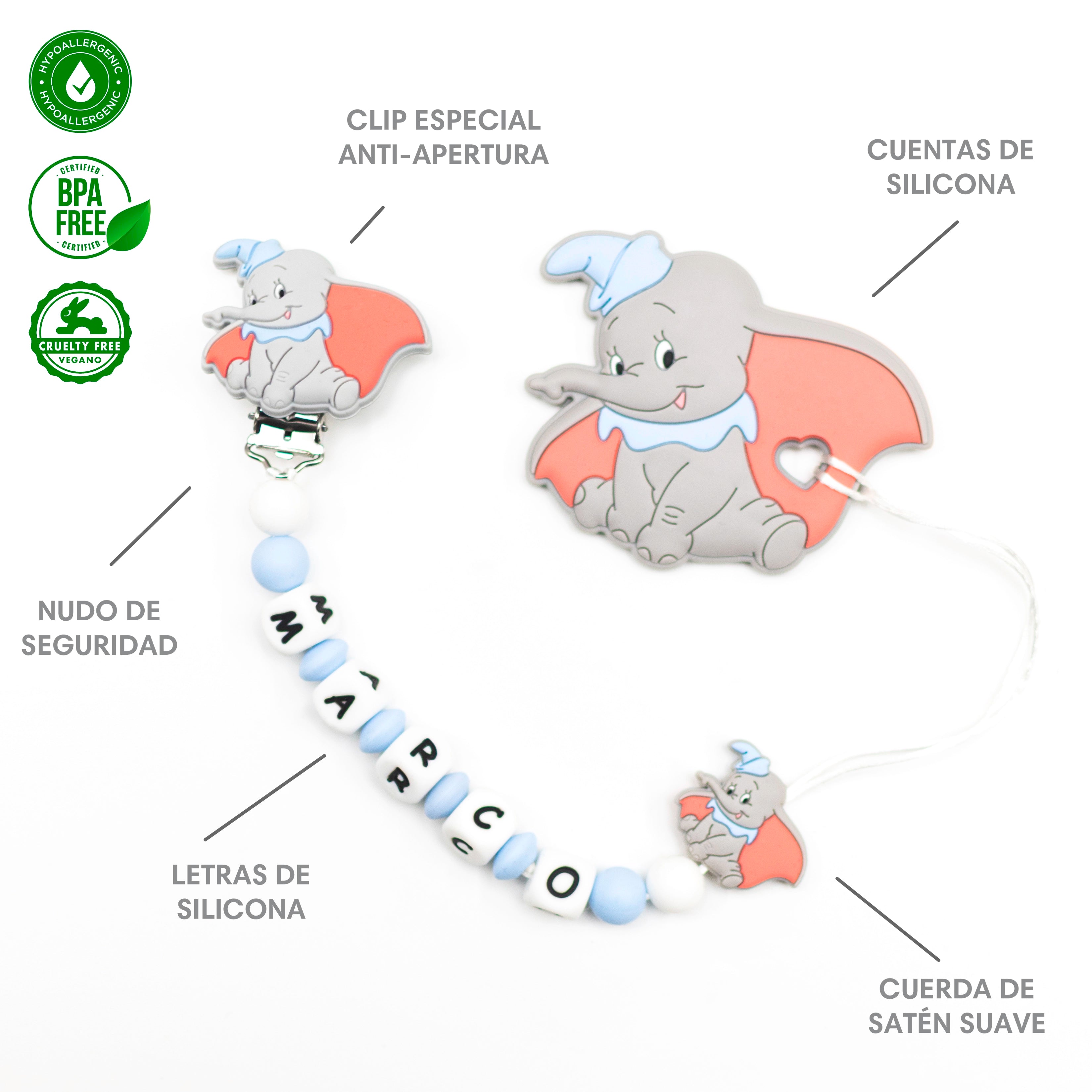 Chupetero Exclusivo 100% Silicona Dumbo Azul + Mordedor Silicona