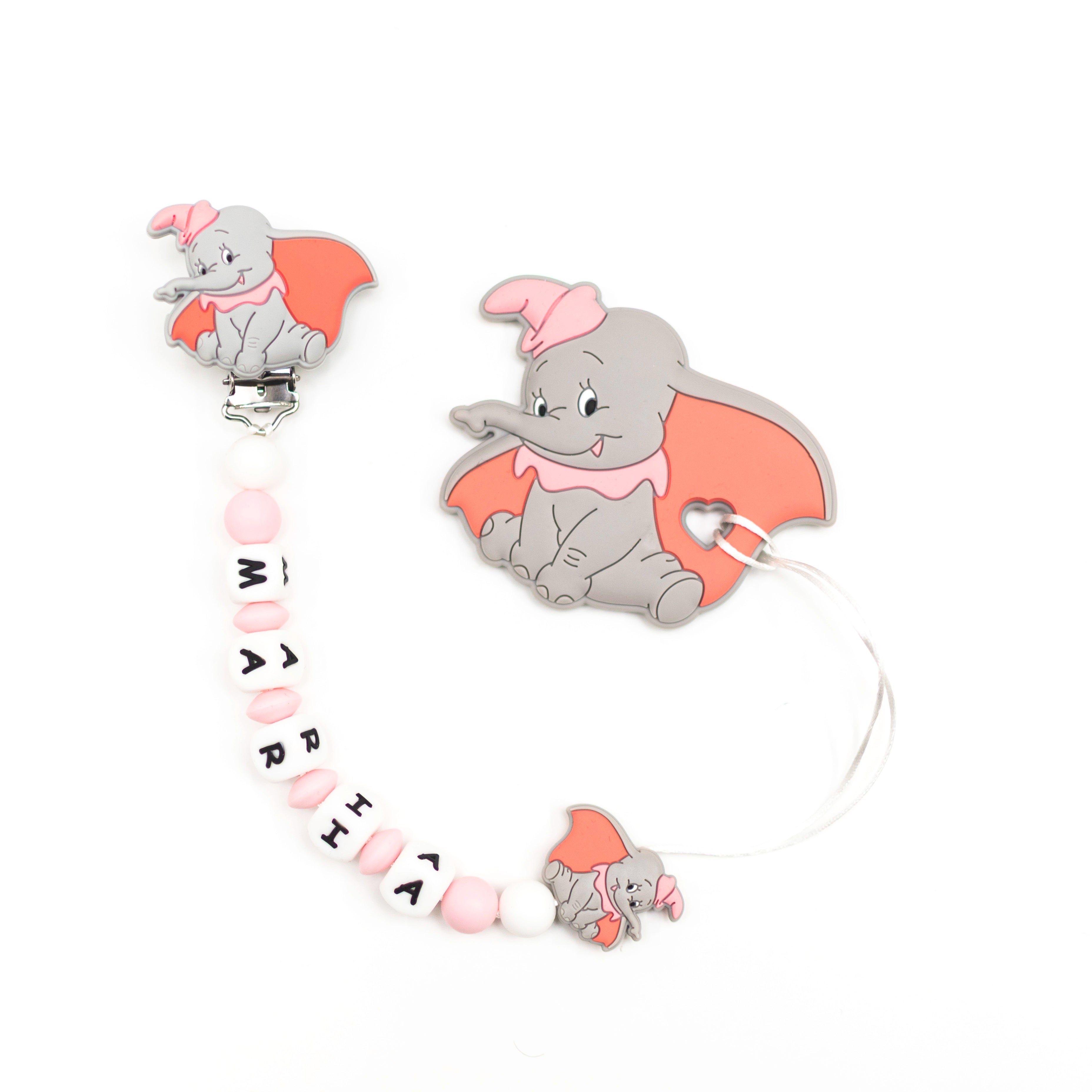 Chupetero Exclusivo 100% Silicona Dumbo Rosa + Mordedor Silicona