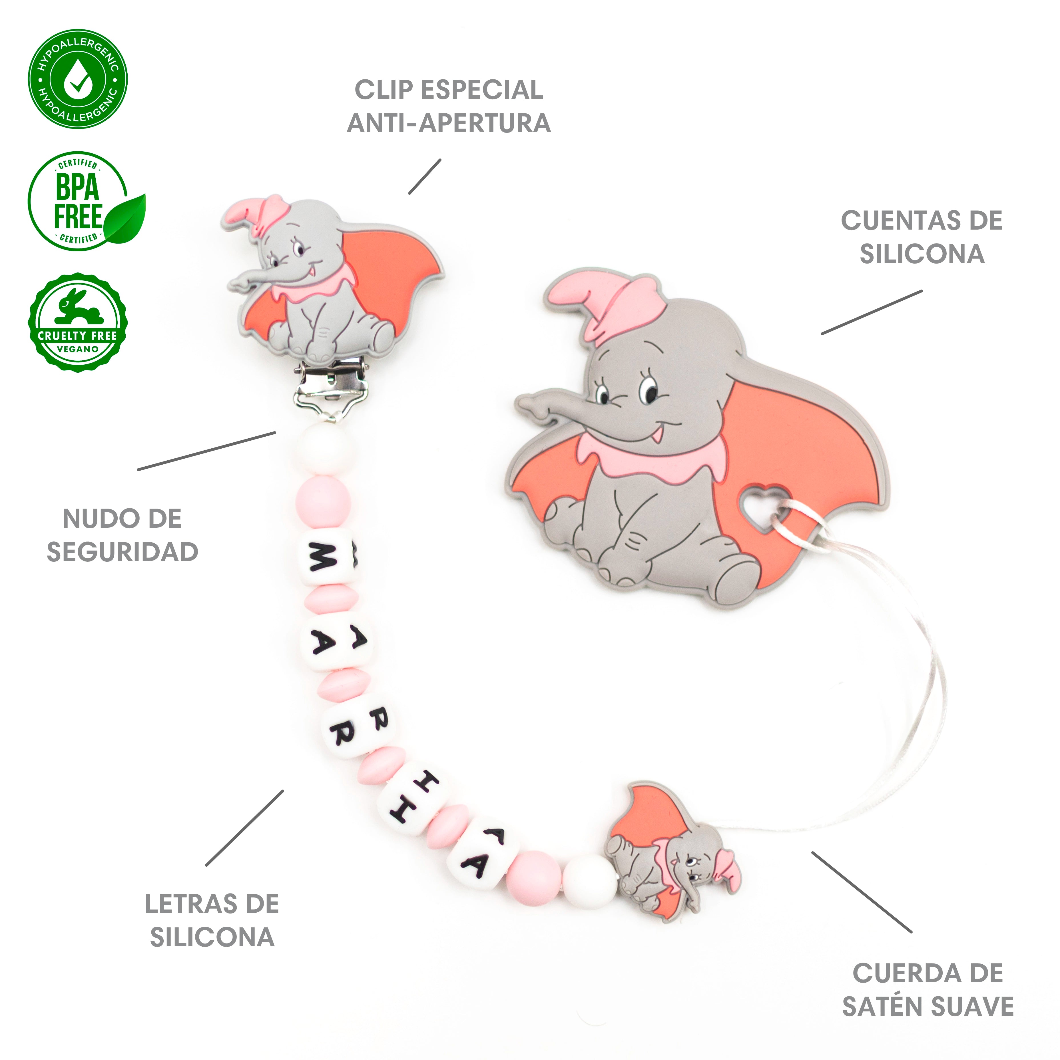 Chupetero Exclusivo 100% Silicona Dumbo Rosa + Mordedor Silicona