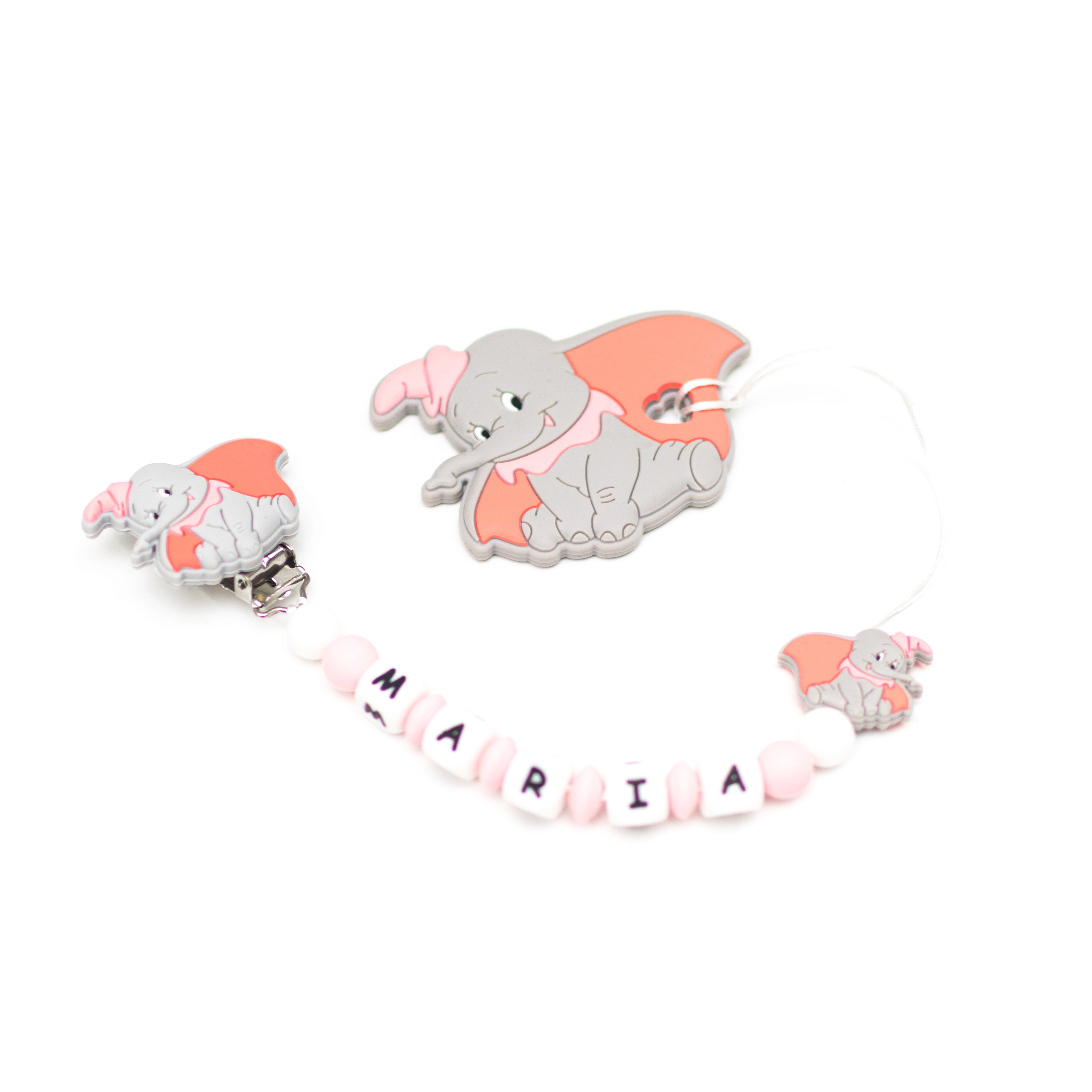 Chupetero Exclusivo 100% Silicona Dumbo Rosa + Mordedor Silicona