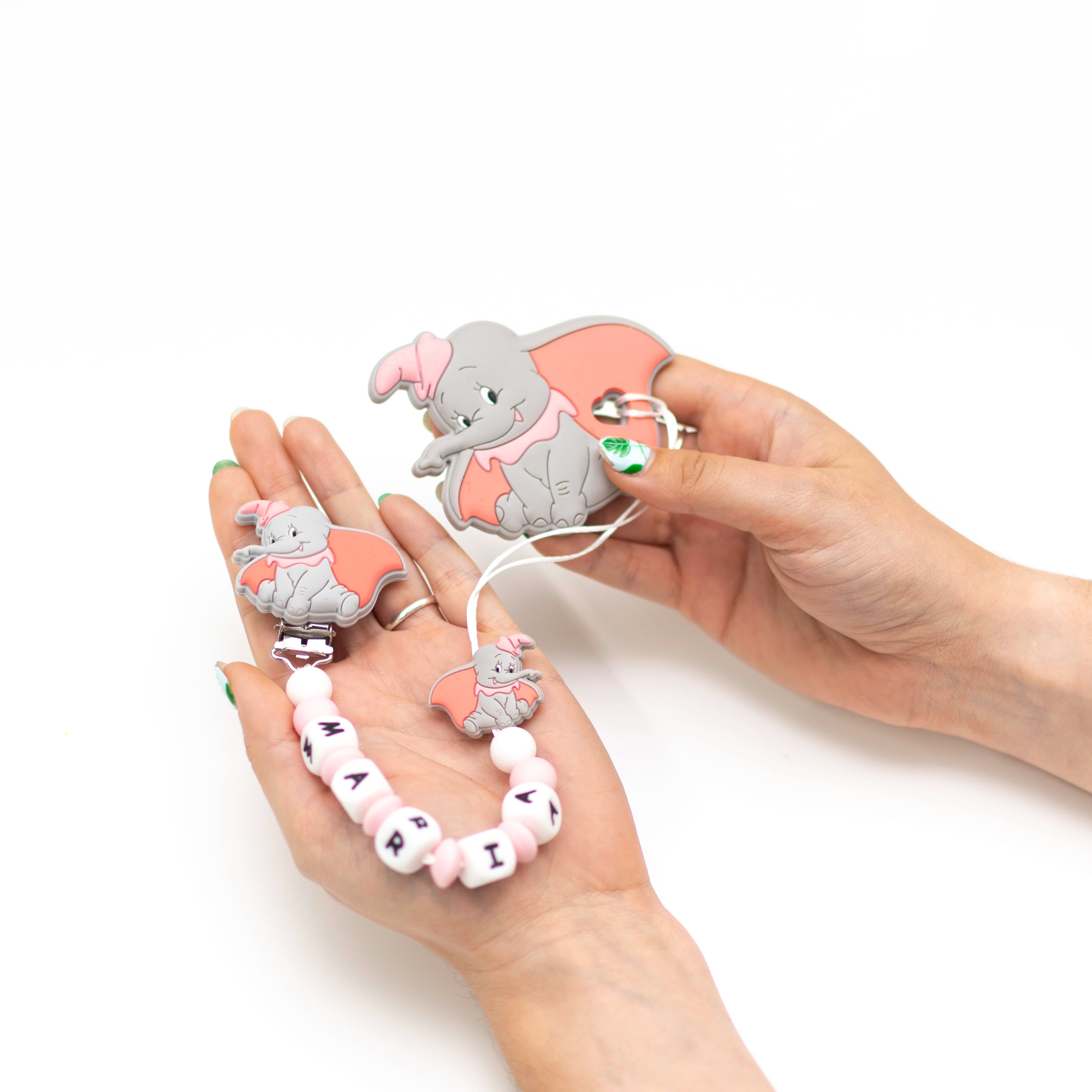 Chupetero Exclusivo 100% Silicona Dumbo Rosa + Mordedor Silicona